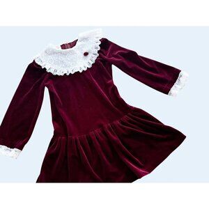 Vintage ROANNA Girls Velvet  Maroon Lace Collar Dress 80s / 90s Sz 6